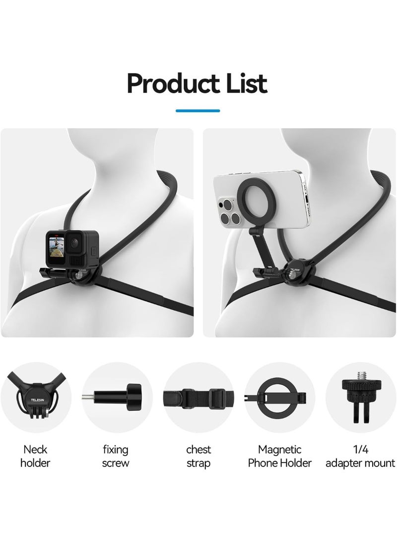 TELESIN 2in1 Magnetic Neck Mount | Neck Mount Kit, Magnetic Phone Holder for iPhone Android, Chest Strap, Hands-Free POV Image for iPhone 16 15 14 13 | Samsung Android Action Cameras - Image 2